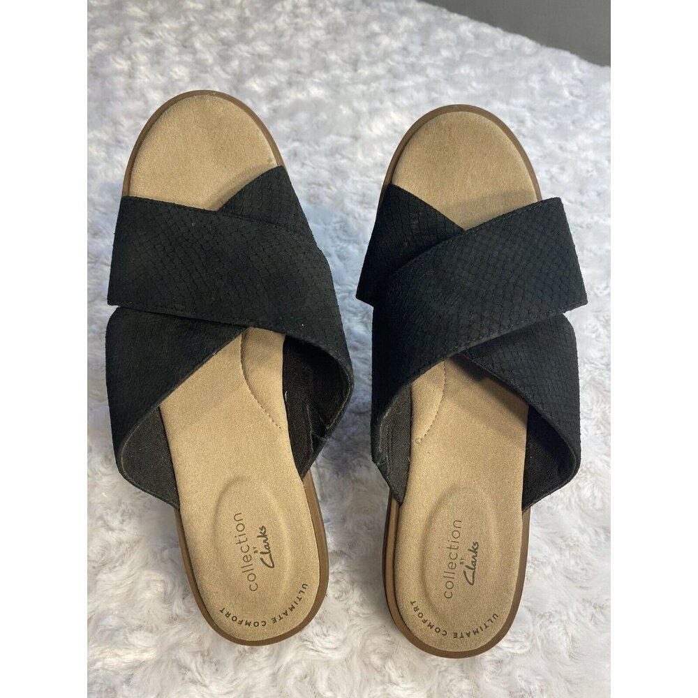 Clark’s Size 8 Flat Womens Slip On Sandals Black Faux Suede Muted Snakeskin - Picture 2 of 7